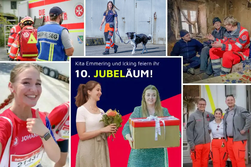 Bilder Collage mit verschiedenen Bildern. Rettungssanitäter wie sie in Dienstkleidung vor einem Rettungswagen stehen. Eine Johanniterin mit einem Hund an der Leine. Ein Johanniter wie er sich in einem sehr heruntergekommenen Haus mit zwei Männern unterhält. Eine Johanniterin lächelt in die Kamera und zeigt einen Daumen nach oben, während sie im Johanniter Trikot joggt. Drei Johanniter/Johanniterinnen stehen Arm in Arm. Eine Johanniterin bekommt ein Geschenk und Blumen überreicht, mit der Überschrift: Kita Emmering und Icking feiern ihr 10. Jubeläum!