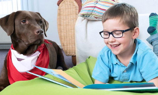 Lesehündin Luna hört Tobias geduldig beim Lesen zu.