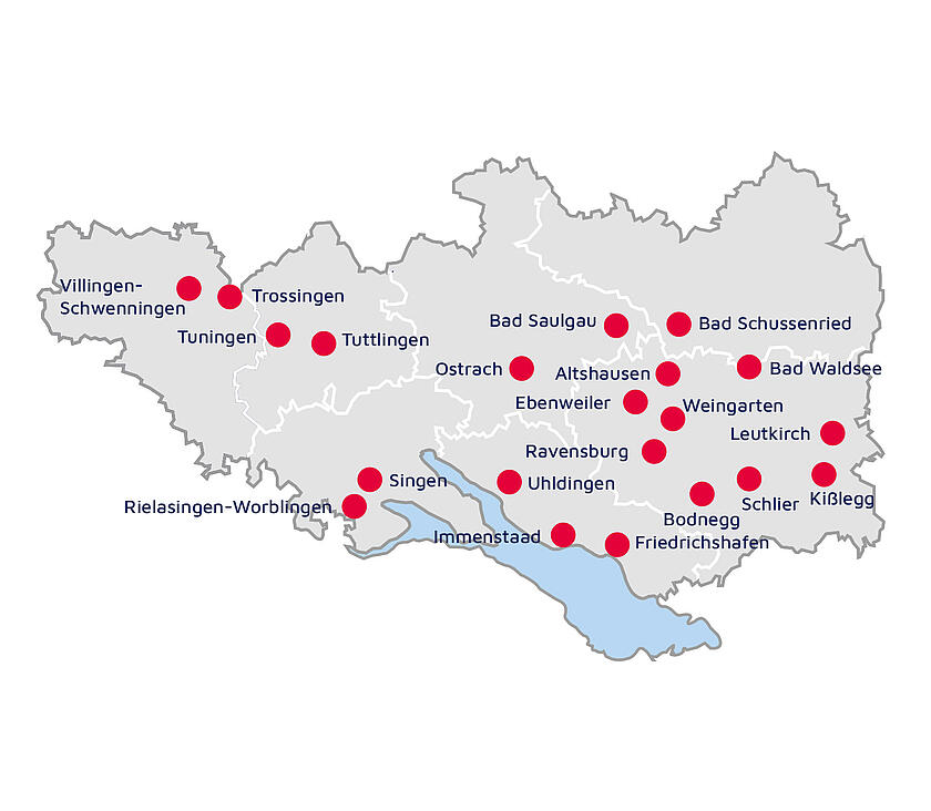 Übersichtskarte mit den Standorten des Regionalverbandes Oberschwaben/Bodensee