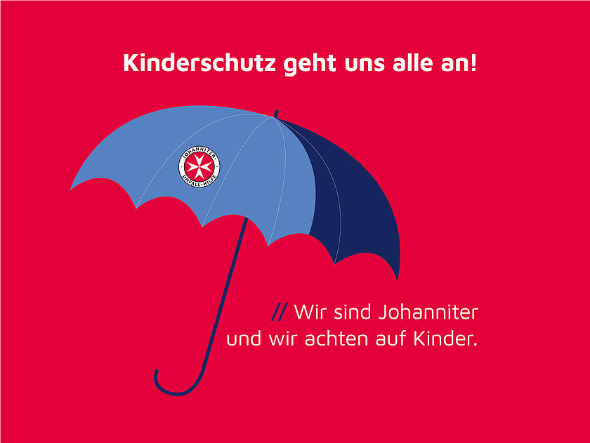 Blauer Schirm mit Johanniter-Logo vor rotem Hintergrund