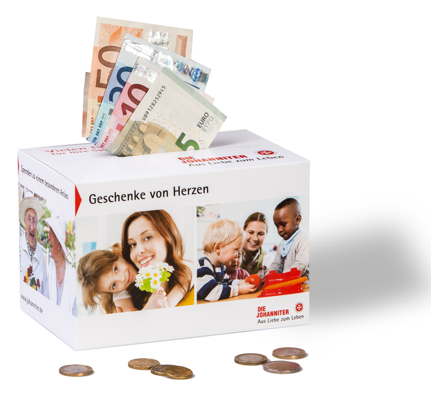 Mit der Johanniter-Spendenbox können Sie auch direkt auf Ihrer Feier um Spenden bitten.