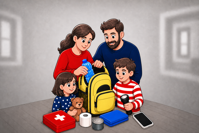 KI-generiertes Bild: Familie mit zwei Kindern packt einen gelben Notfallrucksack. Auf dem Tisch liegen ein Erste-Hilfe-Kasten, Toilettenpapier, ein Becher, eine Box und Smartphone. Der Sohn hält eine Taschenlampe, die Tochter einen Teddybär und die Mutter packt eine Wasserflasche in den Rucksack. 